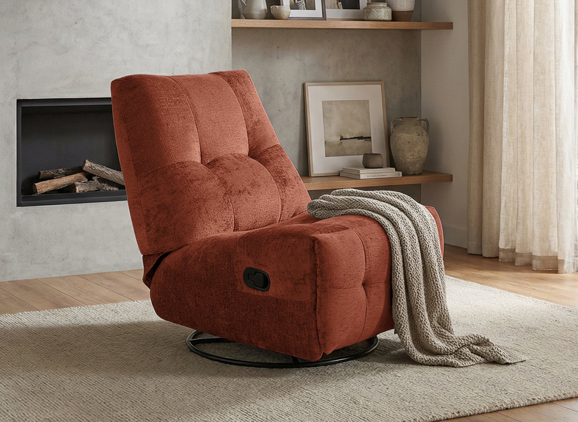 Fauteuil relax pivotant en velours chiné terracotta LISON