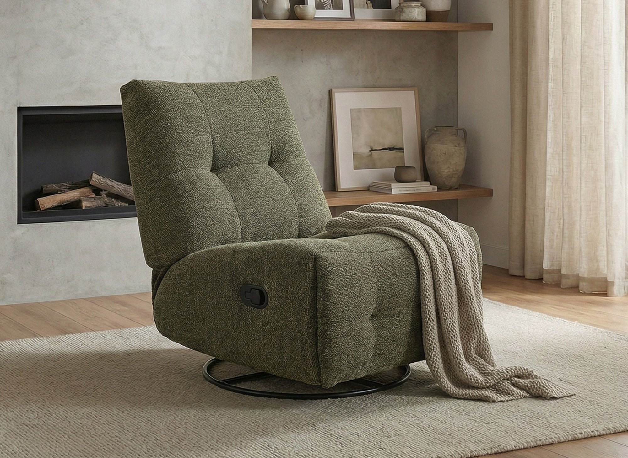 Fauteuil relax pivotant en velours texturé vert kaki LISON