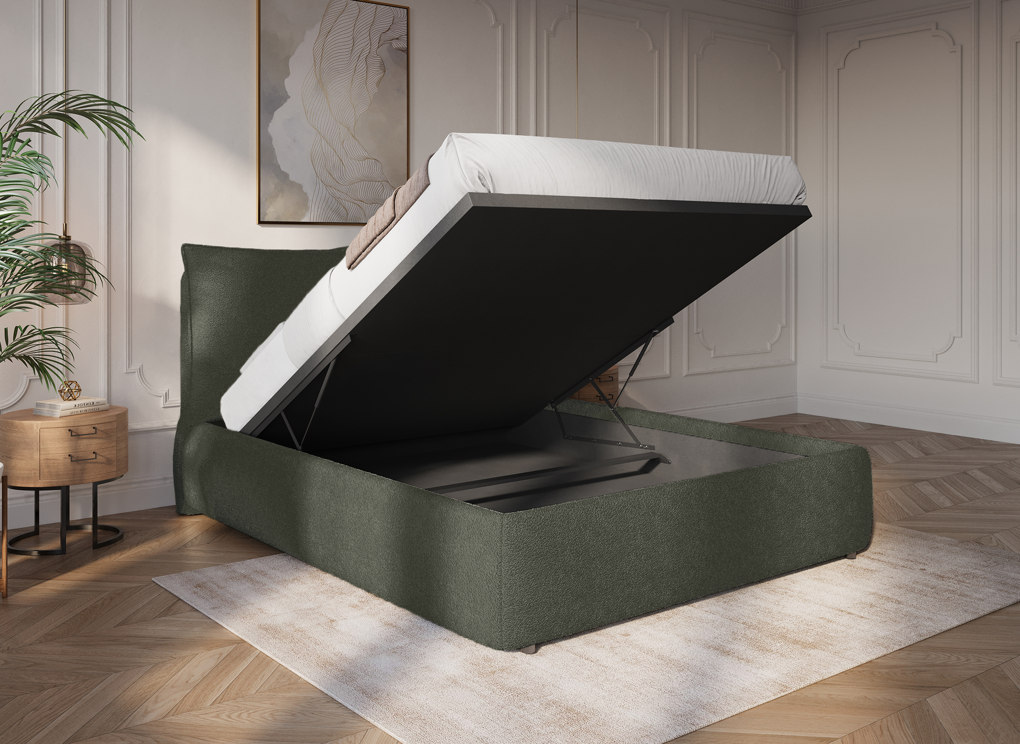Lit coffre en tissu bouclette vert olive 180x200 cm MELY