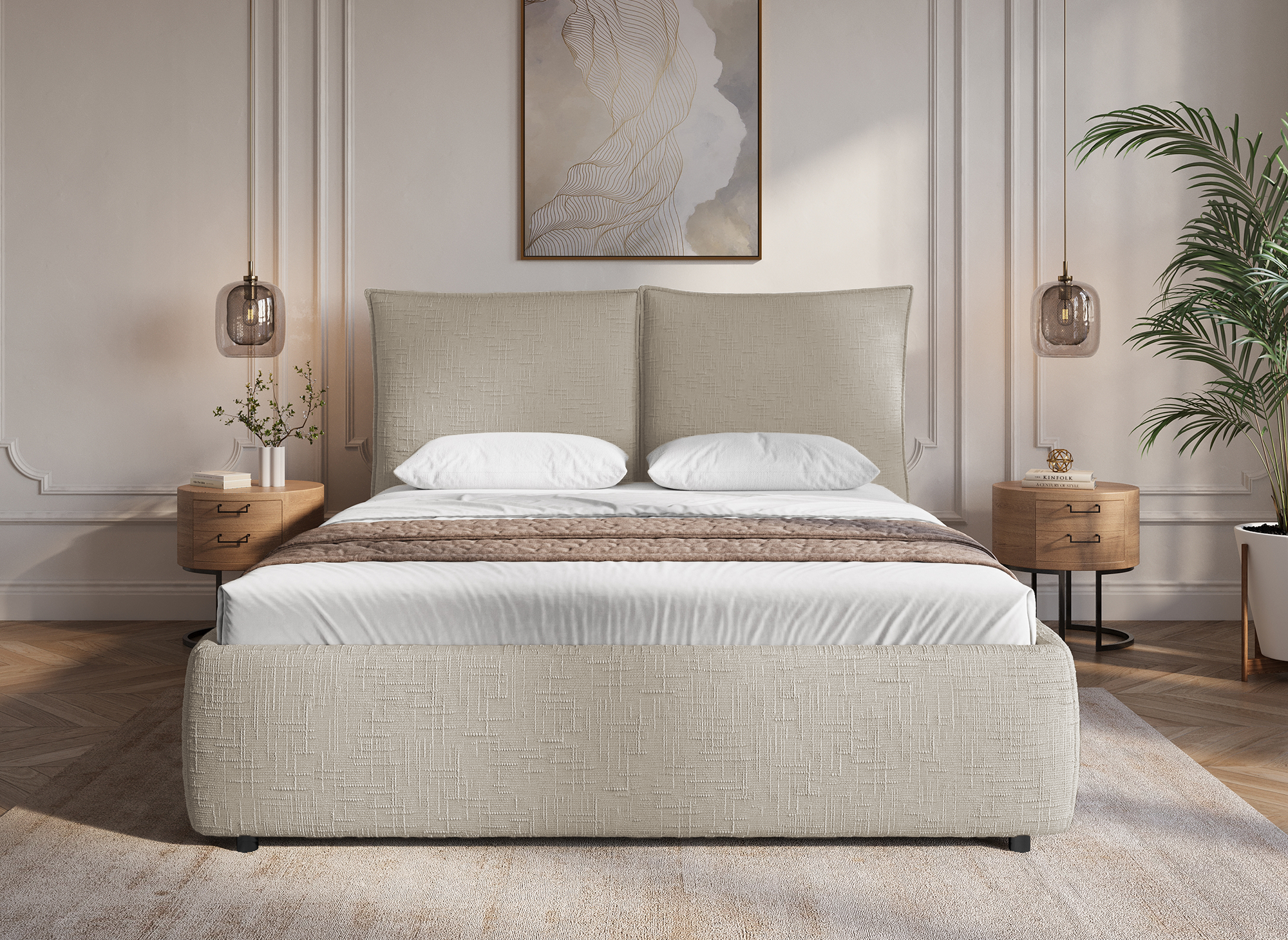 Lit coffre en velours chiné taupe 140x190 cm MELY