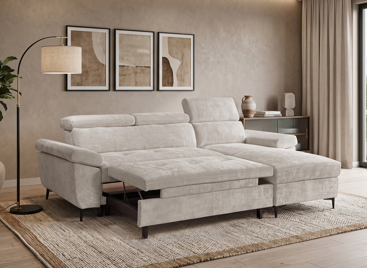 Canapé d'angle convertible en velours chiné beige MONICA - Angle droit