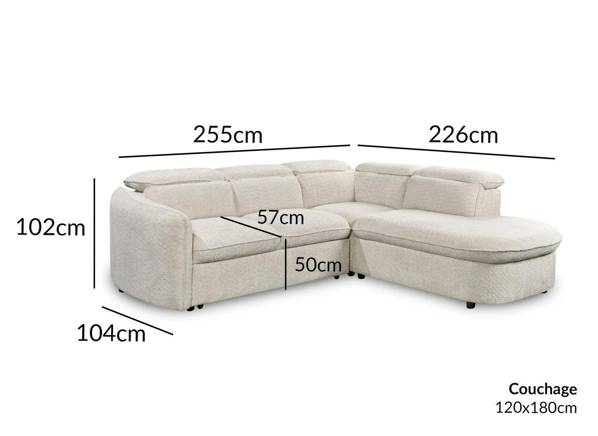 Canapé d'angle convertible avec coffre en tissu bouclette écru BAYA - Angle droit
