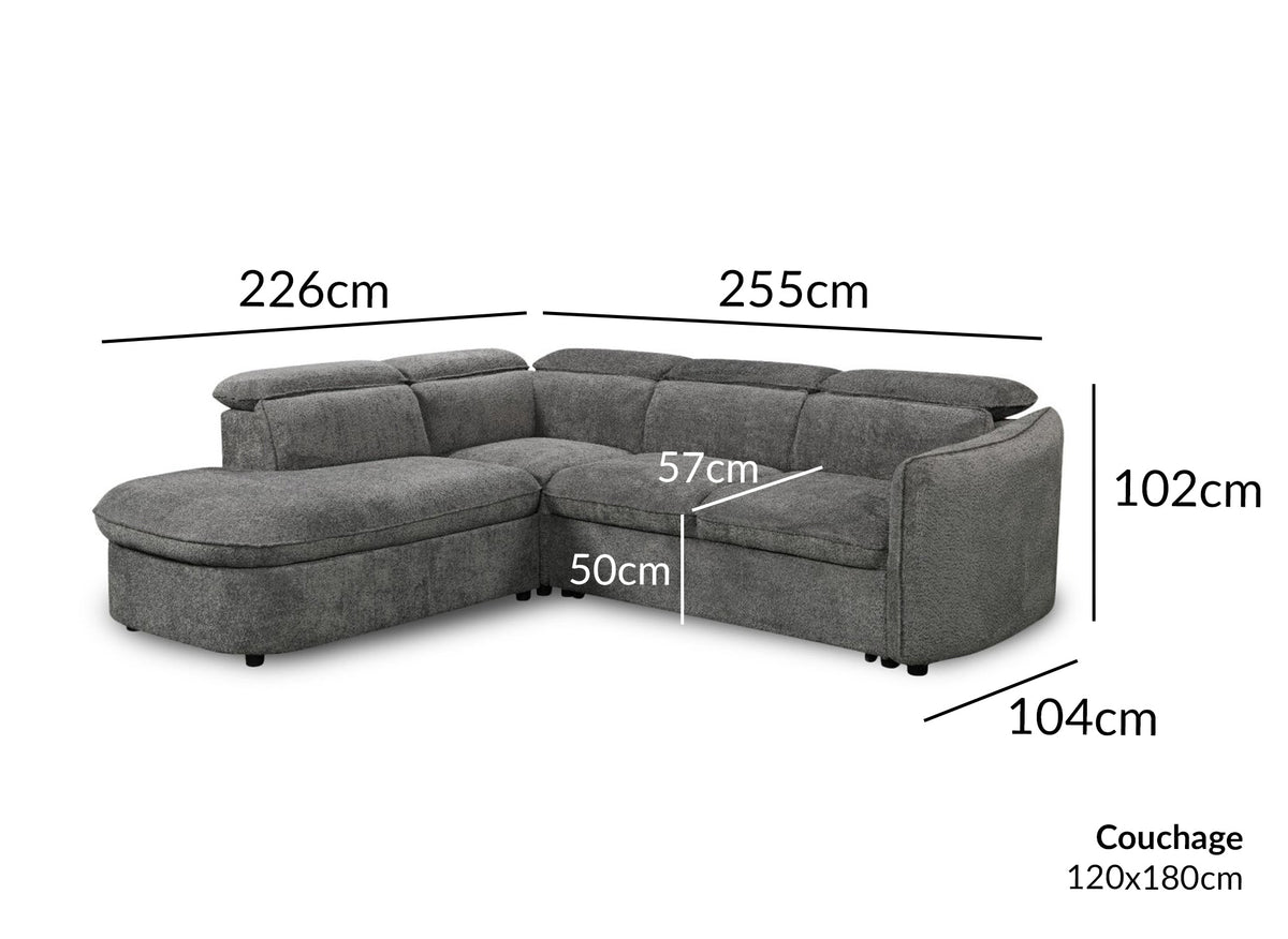 Canapé d'angle convertible avec coffre en tissu bouclette gris BAYA - angle gauche