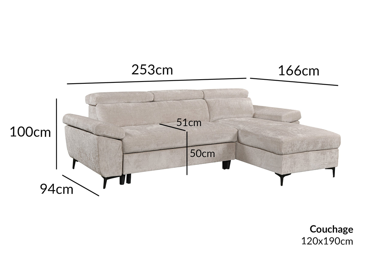 Canapé d'angle convertible en velours chiné beige MONICA - Angle droit