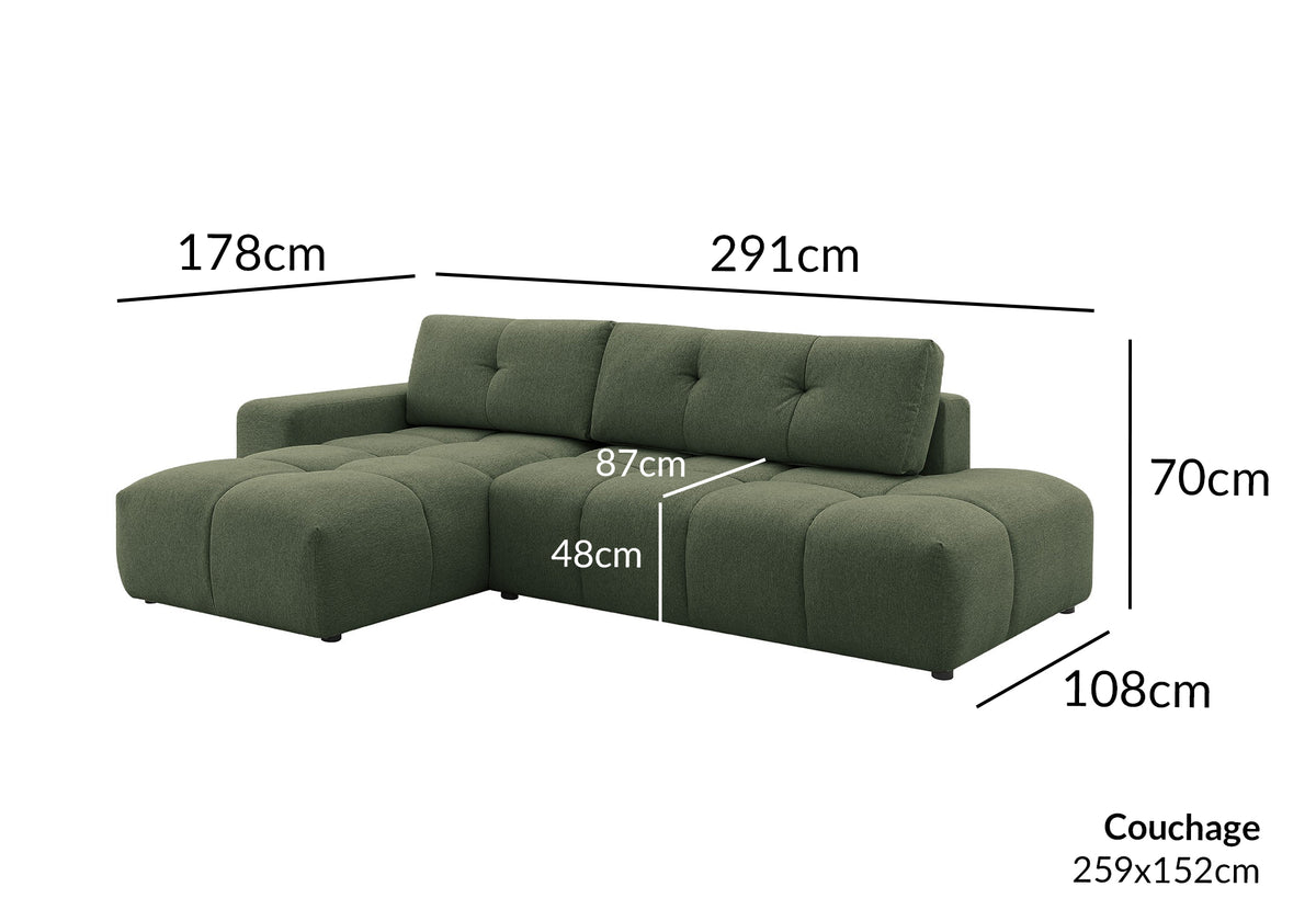 Canapé d'angle convertible avec coffre en tissu texturé vert olive ANGELINE - Angle gauche