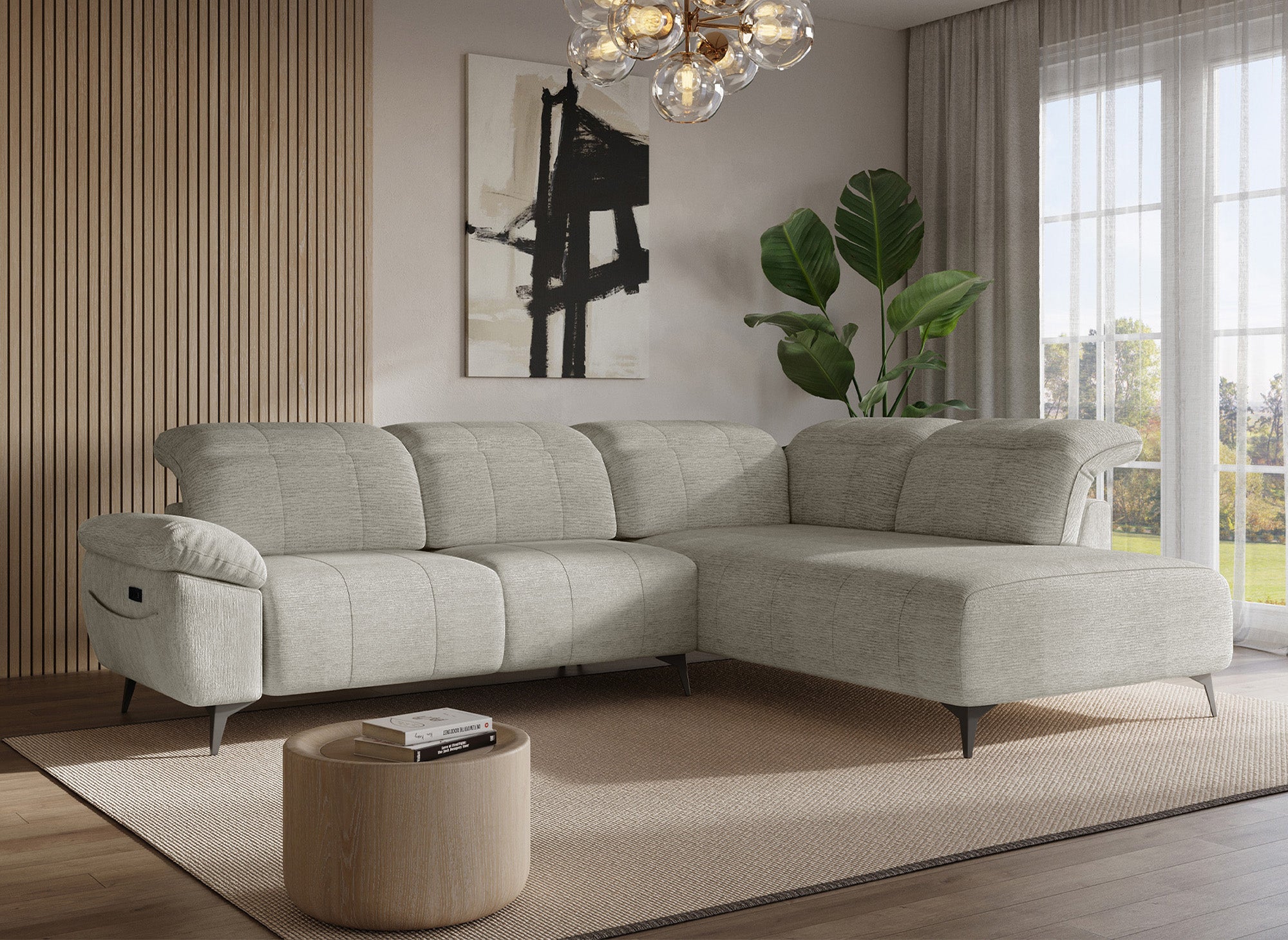 Canapé d'angle relax électrique en velours chiné beige SOLINA - Angle droit