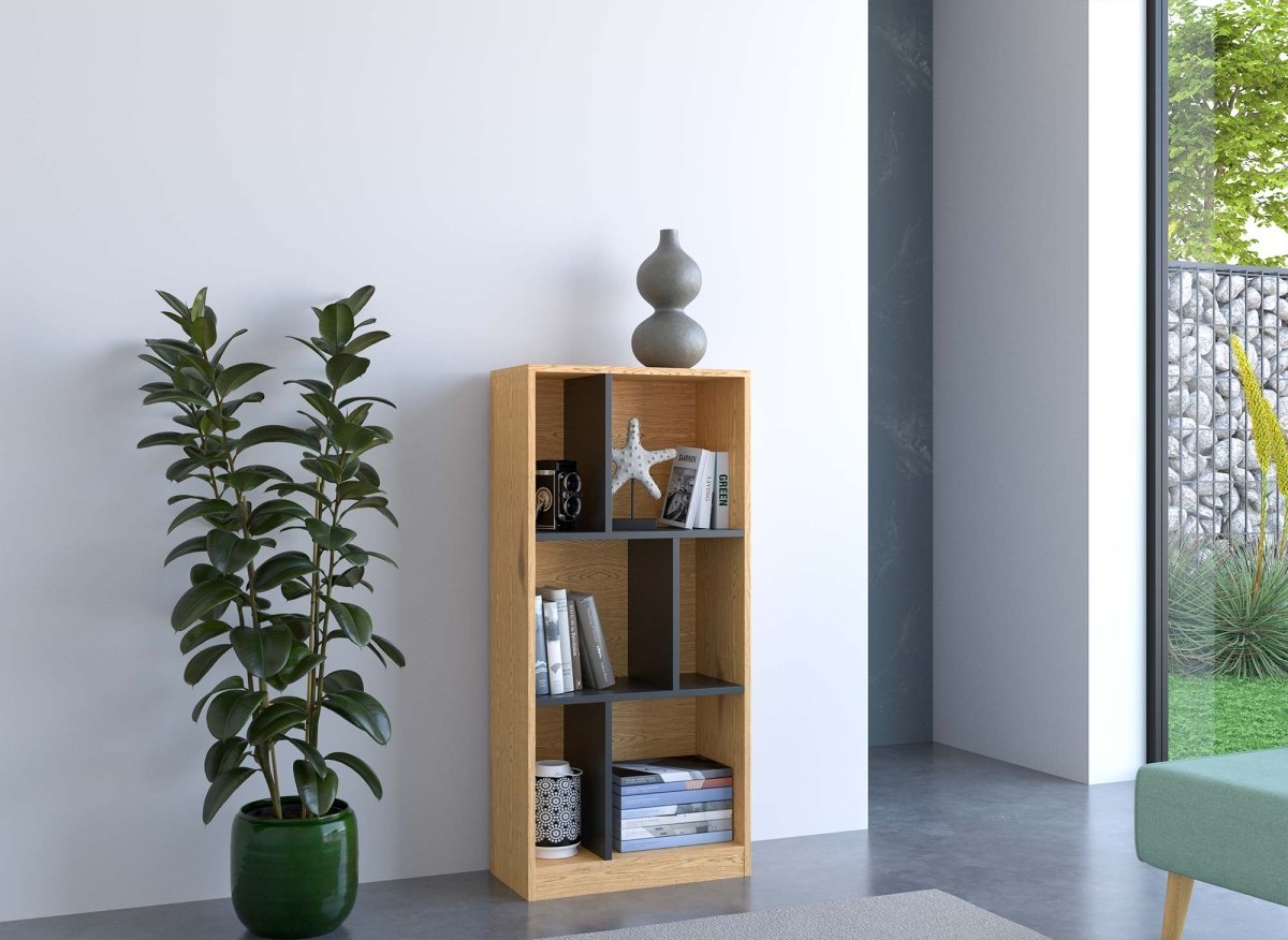 Bibliothèque design en bois noir et chêne 6 niches OFELIA - DécoInParis