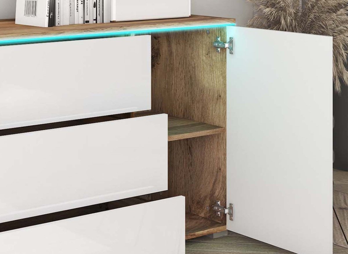 Buffet commode 2 portes 3 tiroirs chêne et blanc avec LED - ALEXIA - DécoInParis