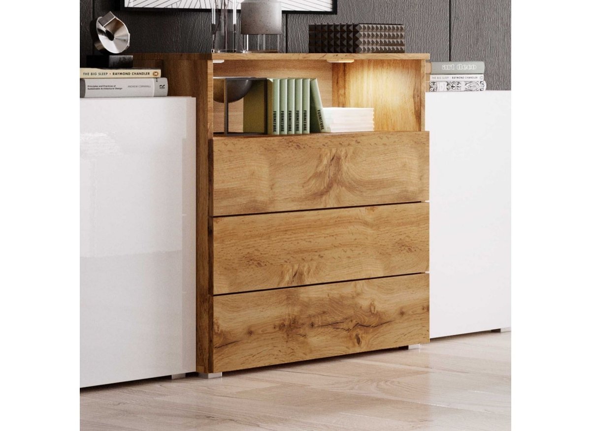 Buffet commodes 2 portes 3 tiroirs blanc et bois avec LED - MARCEL - DécoInParis