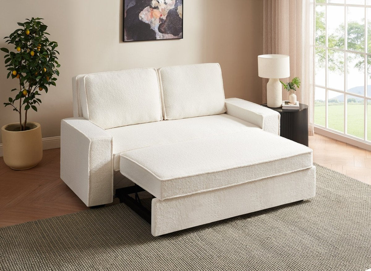 Canapé 3 places convertible en tissu bouclette écru JAMES - DécoInParis