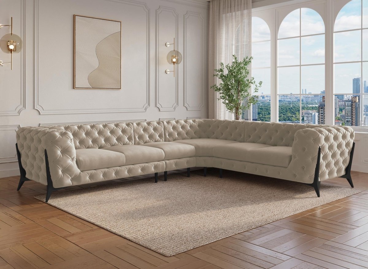 Canapé capitonné chesterfield d'angle réversible en velours beige CARMEN - DécoInParis
