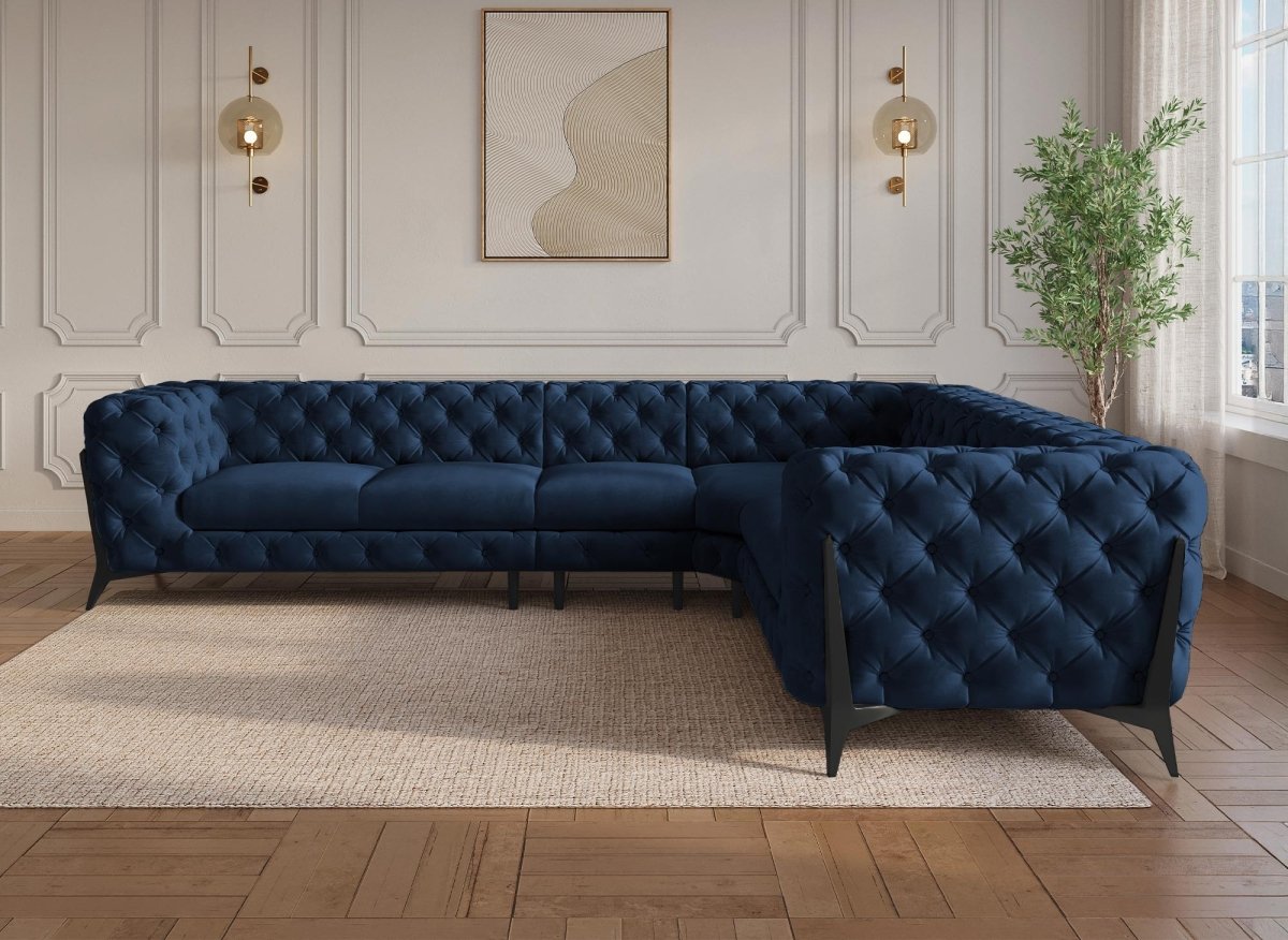 Canapé capitonné chesterfield d'angle réversible en velours bleu CARMEN - DécoInParis