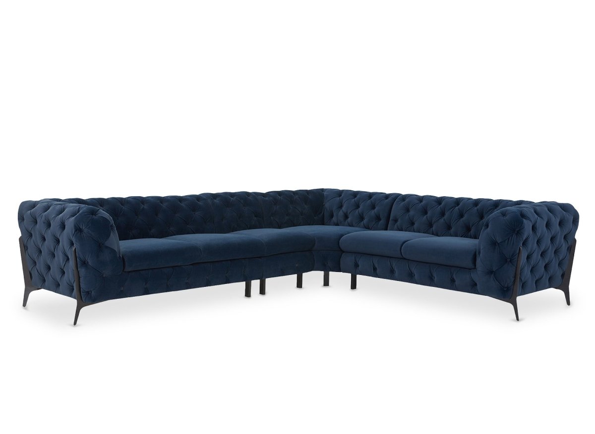 Canapé capitonné chesterfield d'angle réversible en velours bleu CARMEN - DécoInParis