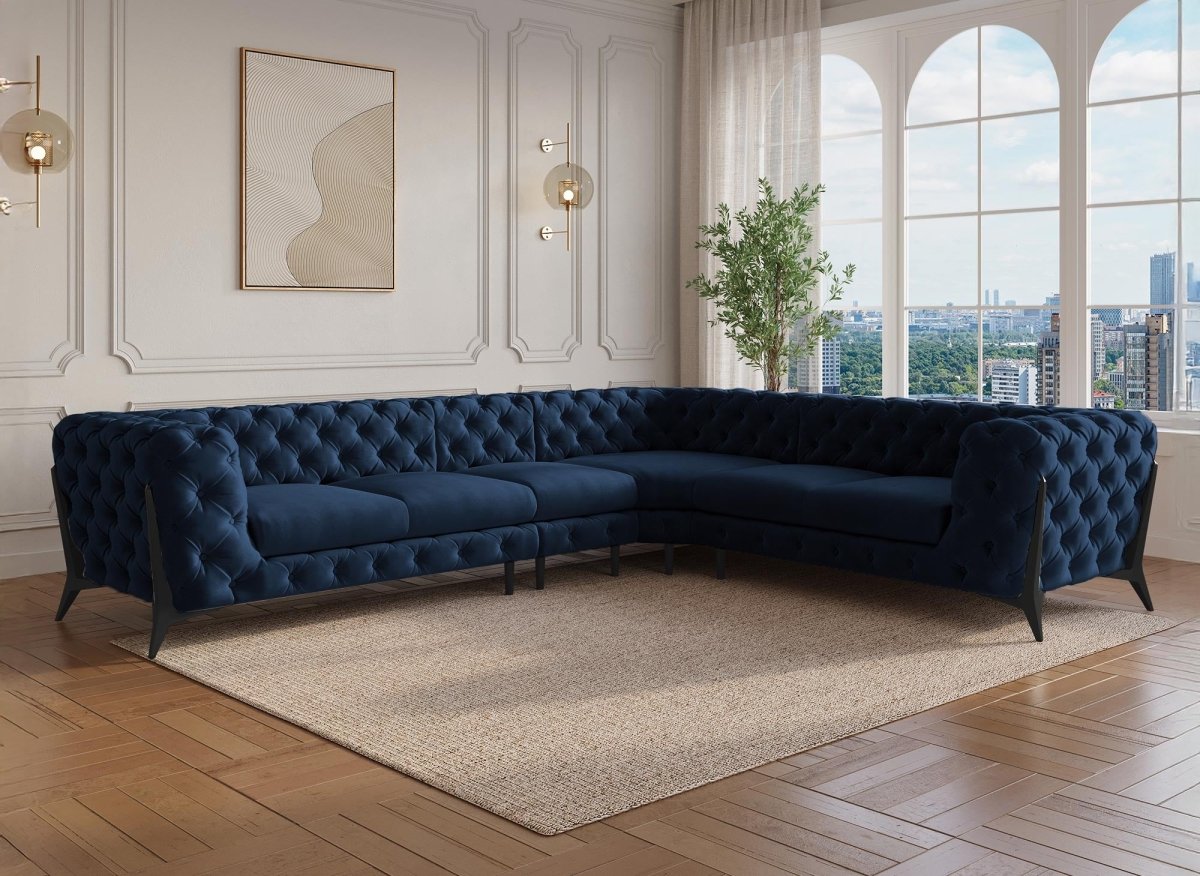 Canapé capitonné chesterfield d'angle réversible en velours bleu CARMEN - DécoInParis