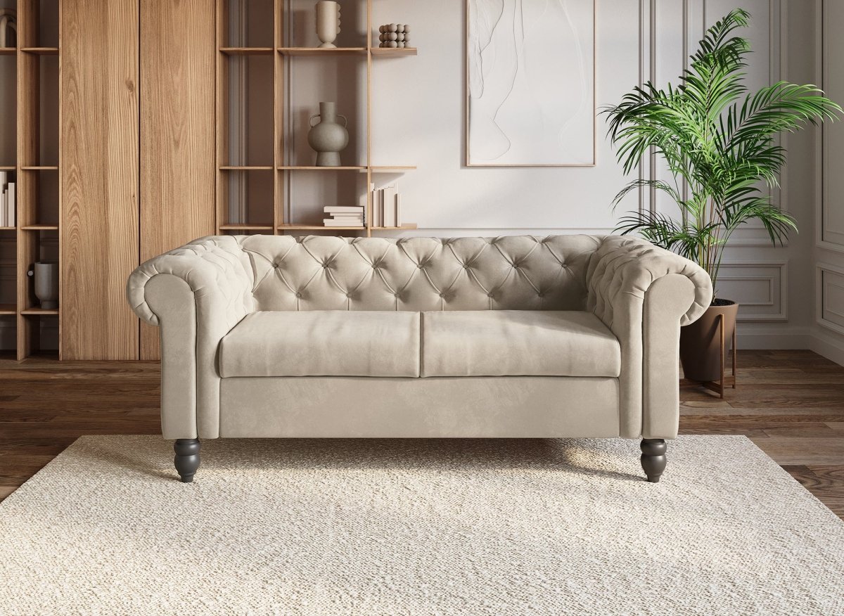 Canapé Chesterfield 2 places en velours beige WINSTON - DécoInParis