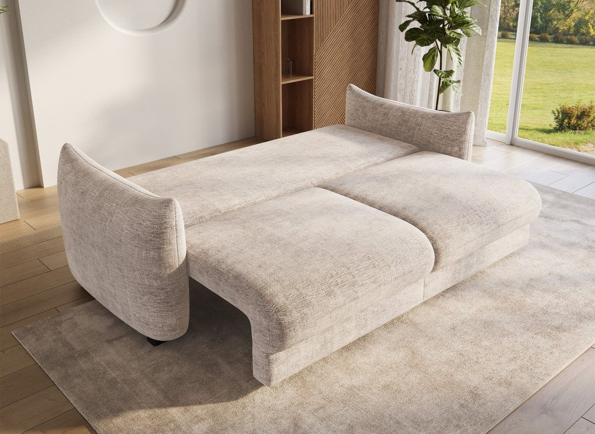 Canapé convertible 3 places avec coffre en velours chiné beige COLBY - DécoInParis