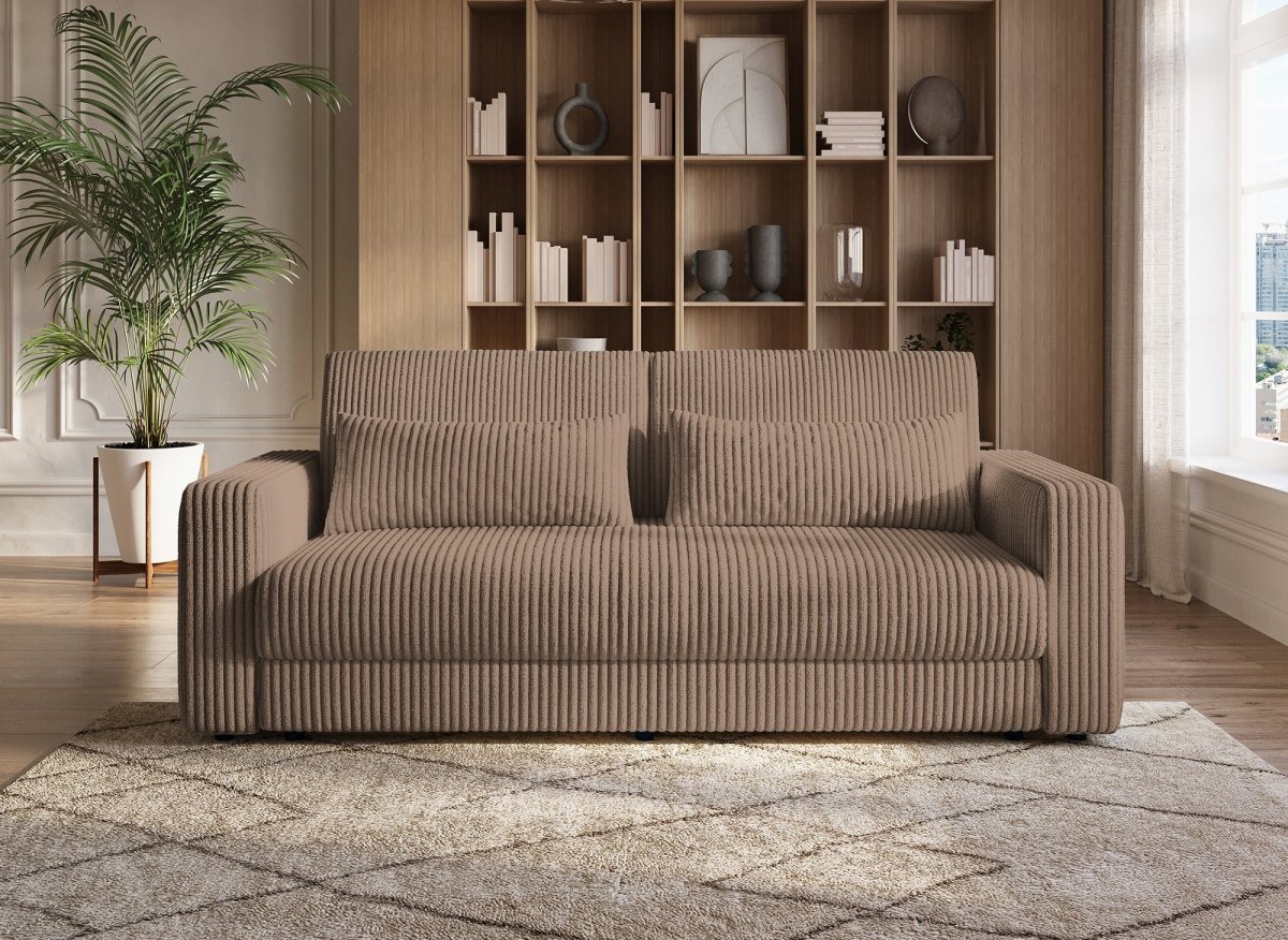 Canapé convertible 3 places avec coffre en velours côtelé épais taupe ZURIA - DécoInParis