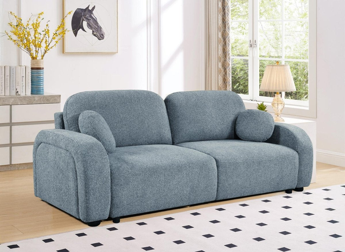 Canapé convertible 3 places en tissu bouclette bleu MAYORA - DécoInParis