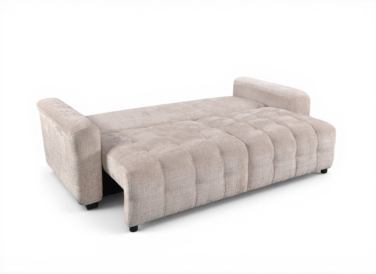 Canapé convertible avec coffre 3 places en velours chiné beige RALYA - DécoInParis