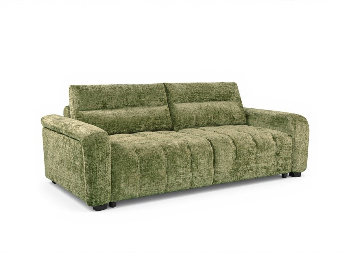 Canapé convertible avec coffre 3 places en velours chiné vert olive RALYA - DécoInParis