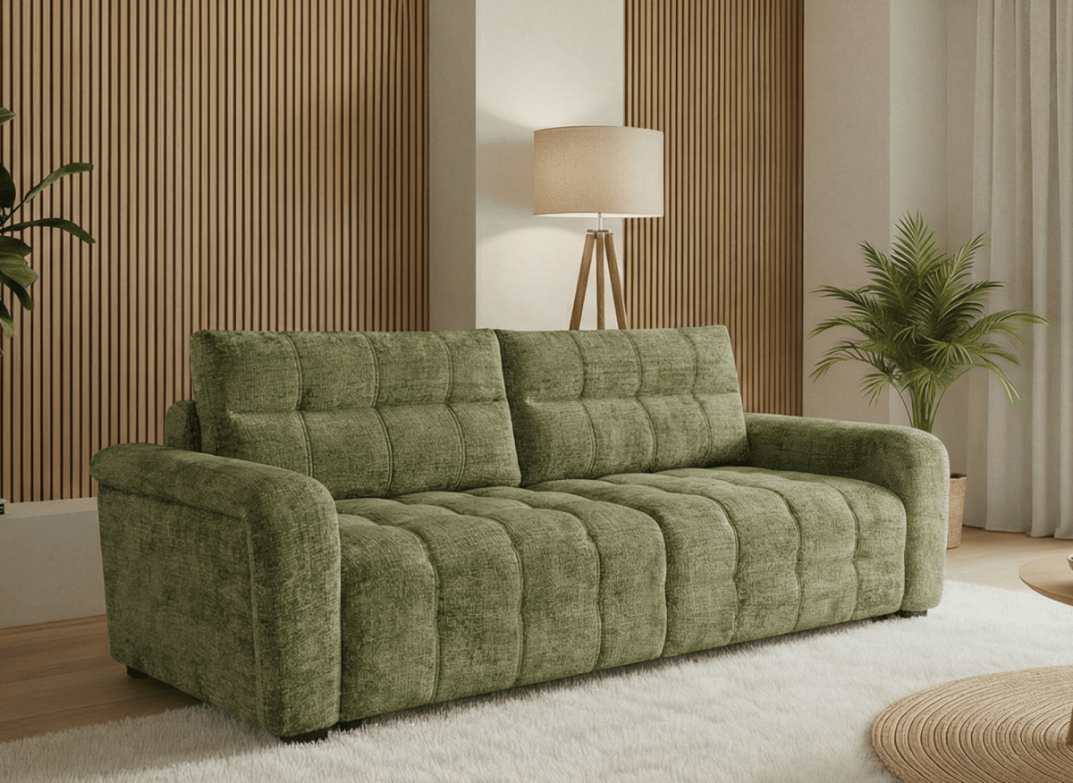 Canapé convertible avec coffre 3 places en velours chiné vert olive RALYA - DécoInParis