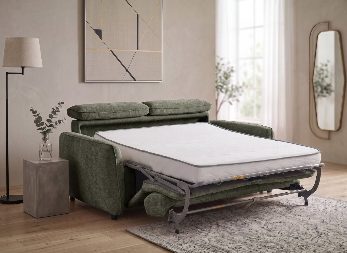 Canapé convertible express 3 places en tissu texturé vert JACINTHE - DécoInParis