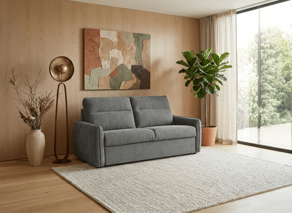 Canapé convertible express 3 places matelas 15 cm en tissu texturé terracotta ADILIO - DécoInParis