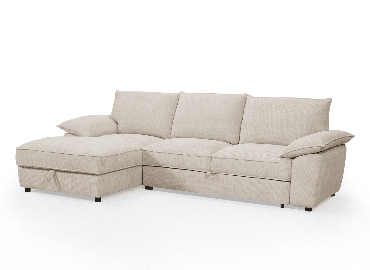 Canapé d'angle convertible avec coffre de rangement en velours chiné beige GABIN - Angle gauche - DécoInParis