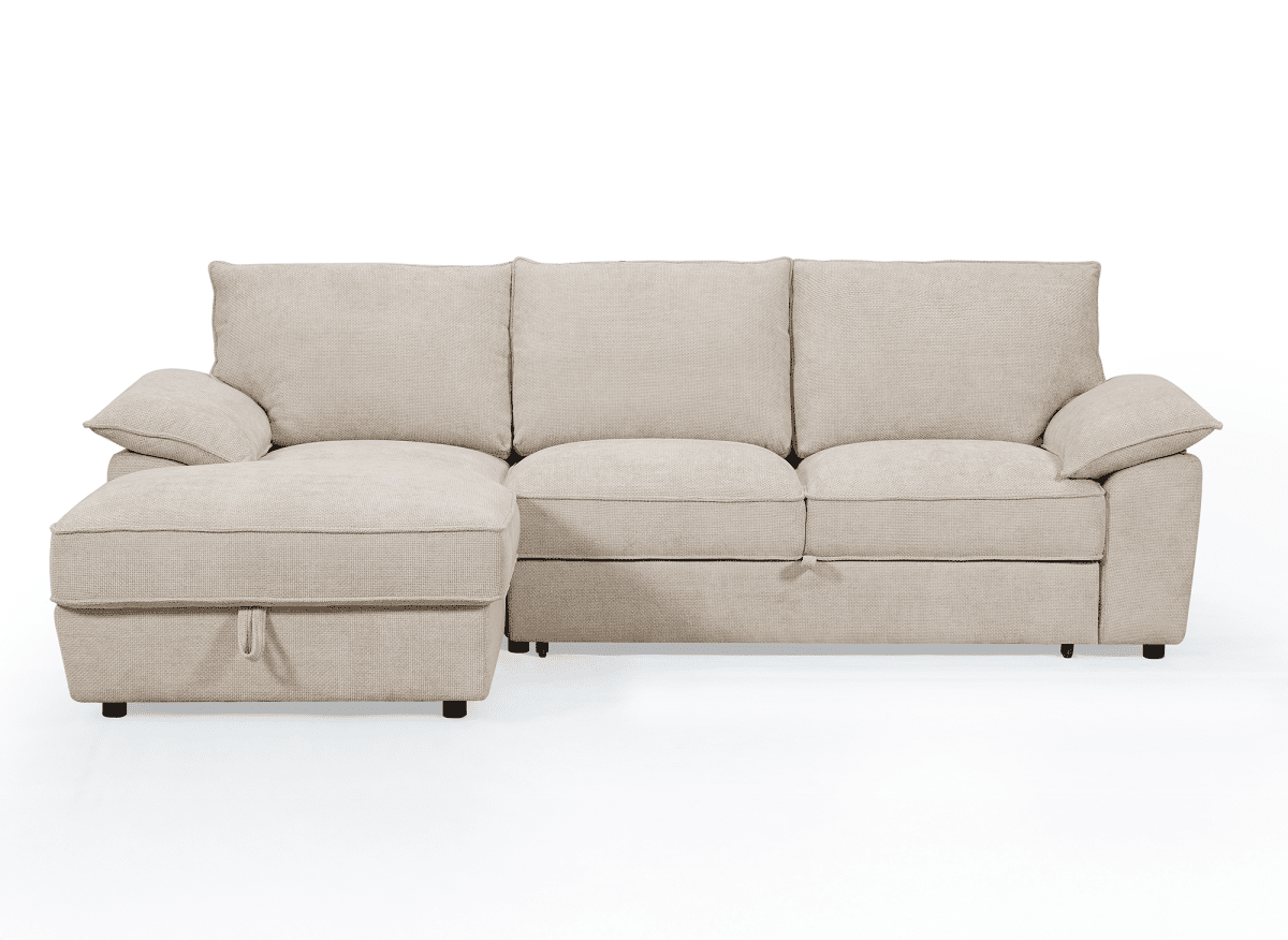 Canapé d'angle convertible avec coffre de rangement en velours chiné beige GABIN - Angle gauche - DécoInParis