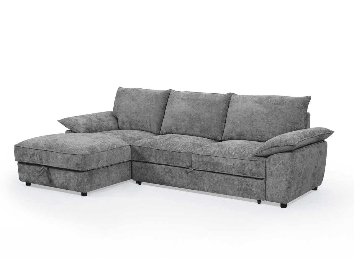 Canapé d'angle convertible avec coffre de rangement en velours chiné gris GABIN - Angle gauche - DécoInParis