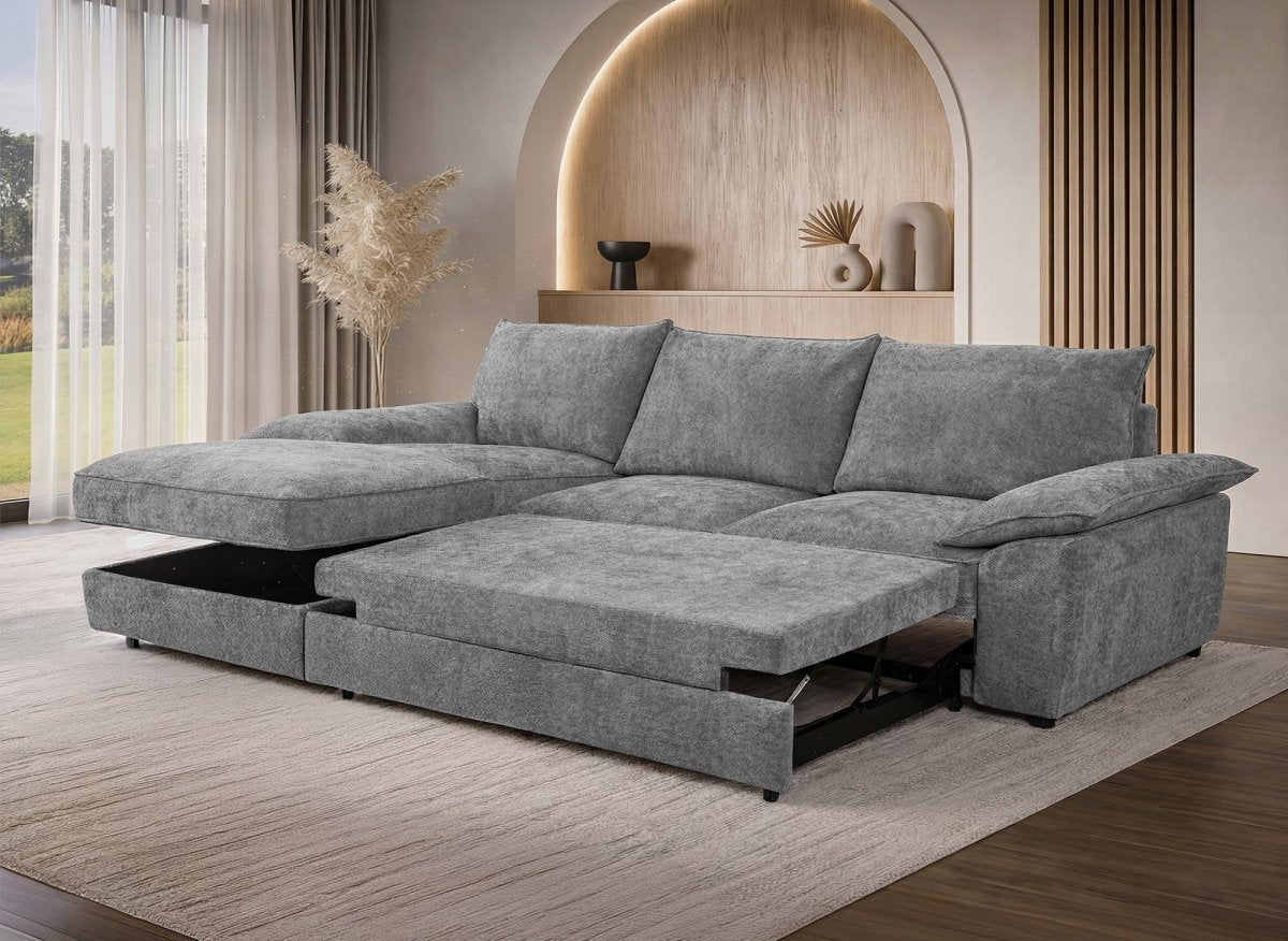 Canapé d'angle convertible avec coffre de rangement en velours chiné gris GABIN - Angle gauche - DécoInParis