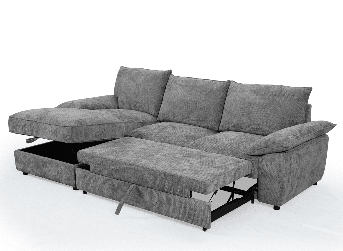 Canapé d'angle convertible avec coffre de rangement en velours chiné gris GABIN - Angle gauche - DécoInParis