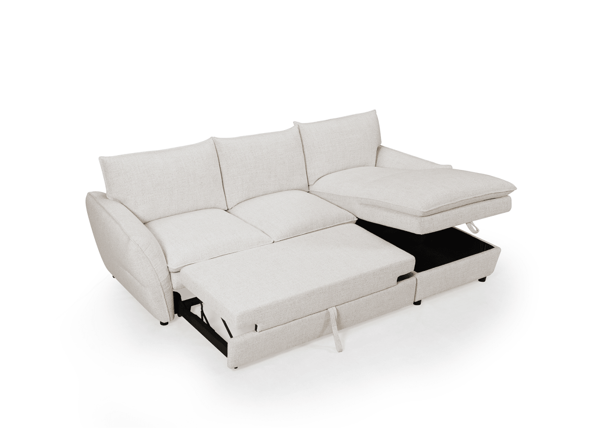 Canapé d'angle convertible avec coffre en tissu beige CAPUCINE - Angle droit - DécoInParis
