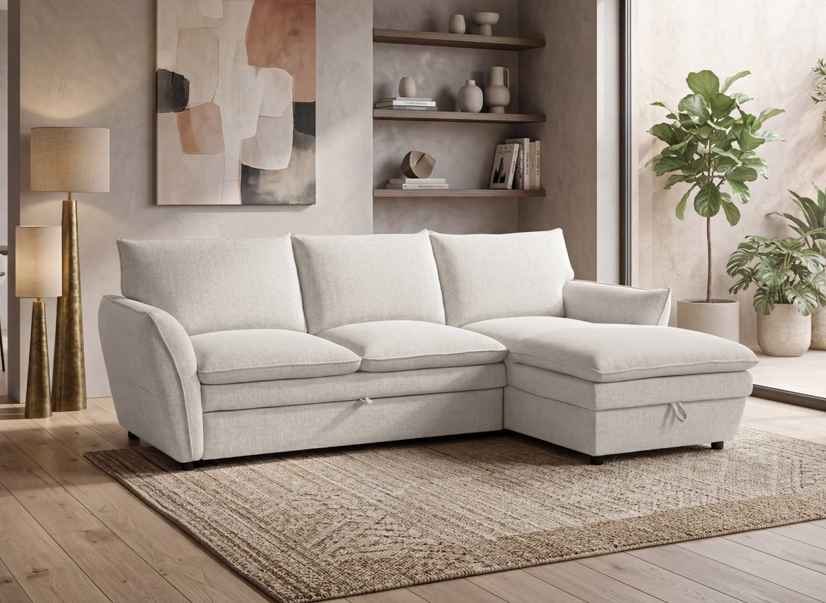 Canapé d'angle convertible avec coffre en tissu beige CAPUCINE - Angle droit - DécoInParis
