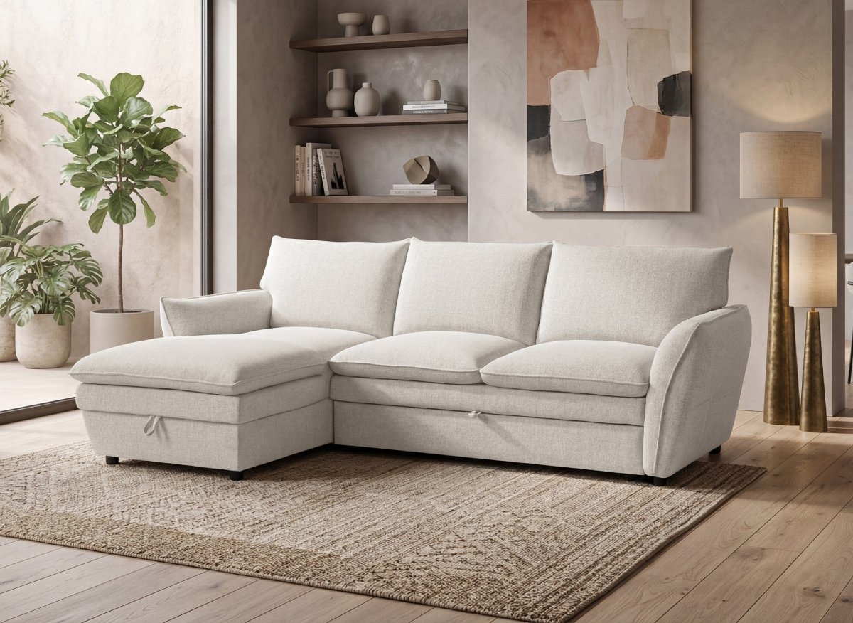 Canapé d'angle convertible avec coffre en tissu beige CAPUCINE - Angle gauche - DécoInParis