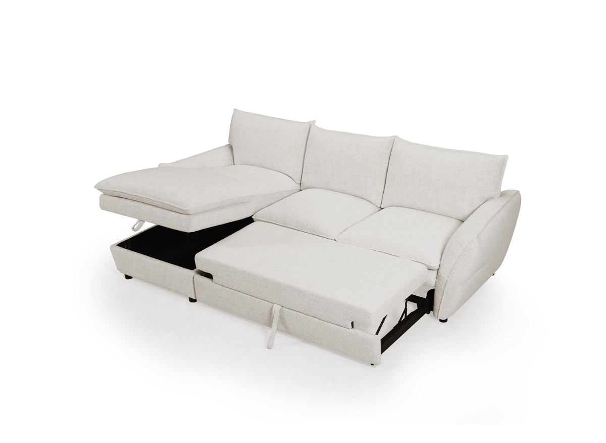 Canapé d'angle convertible avec coffre en tissu beige CAPUCINE - Angle gauche - DécoInParis