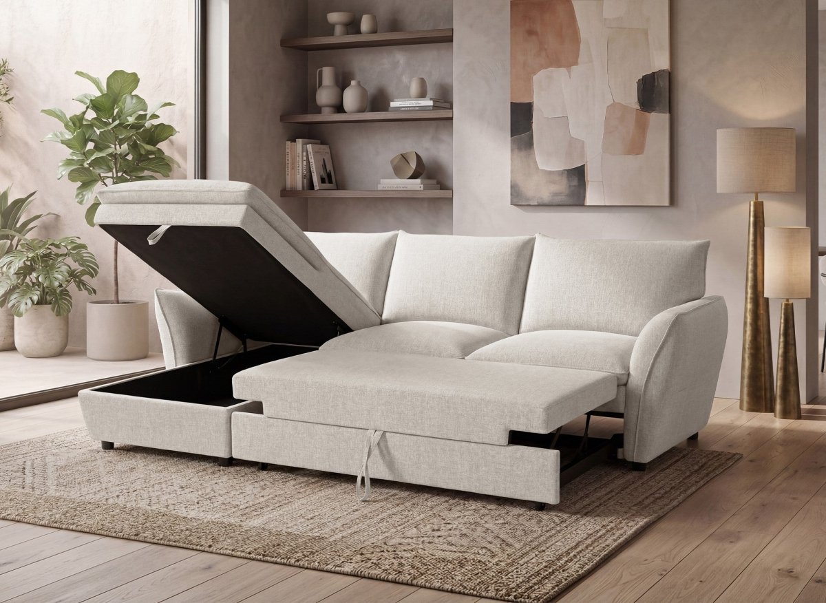 Canapé d'angle convertible avec coffre en tissu beige CAPUCINE - Angle gauche - DécoInParis