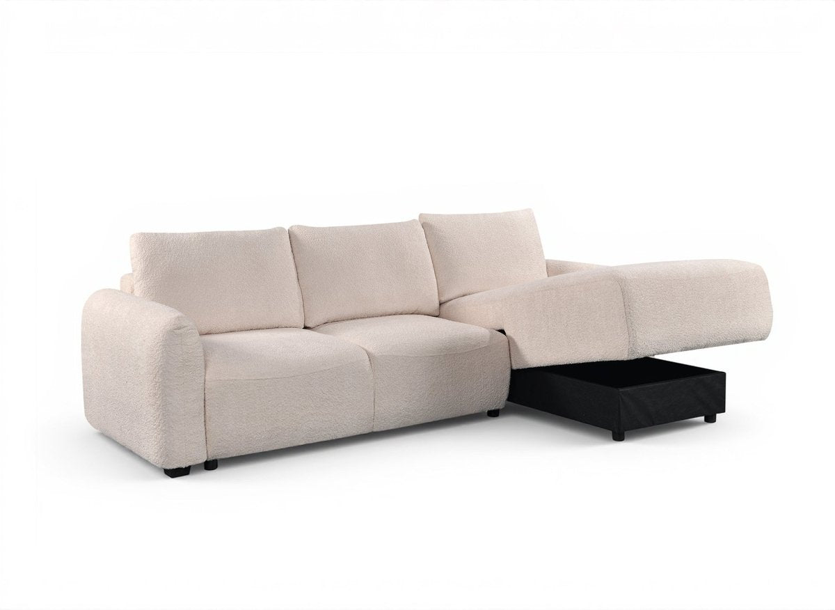Canapé d'angle convertible avec coffre en tissu bouclette beige MARLA - Angle droit - DécoInParis