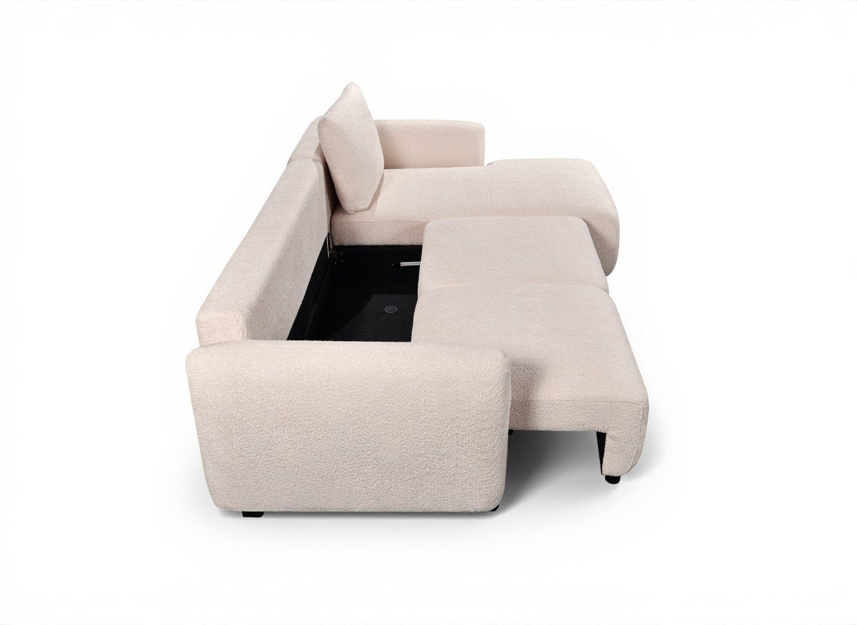 Canapé d'angle convertible avec coffre en tissu bouclette beige MARLA - Angle droit - DécoInParis