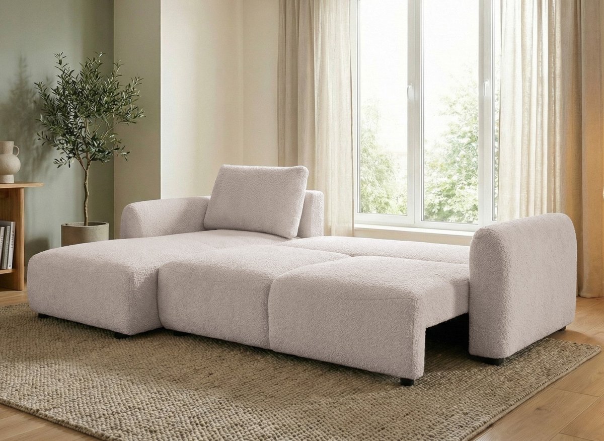 Canapé d'angle convertible avec coffre en tissu bouclette beige MARLA - Angle gauche - DécoInParis