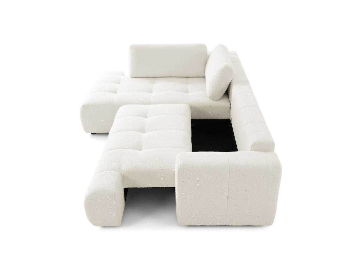 Canapé d'angle convertible avec coffre en tissu bouclette écru HAVEN - Angle gauche - DécoInParis