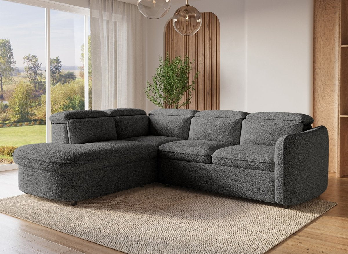 Canapé d'angle convertible avec coffre en tissu bouclette gris BAYA - angle gauche - DécoInParis