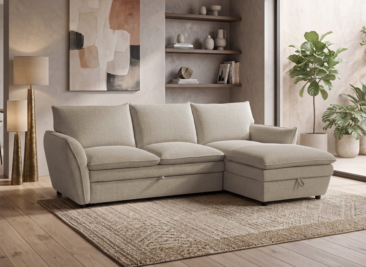Canapé d'angle convertible avec coffre en tissu taupe CAPUCINE - Angle droit - DécoInParis