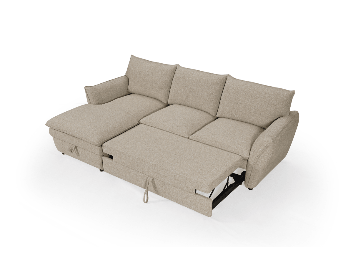 Canapé d'angle convertible avec coffre en tissu taupe CAPUCINE - Angle gauche - DécoInParis