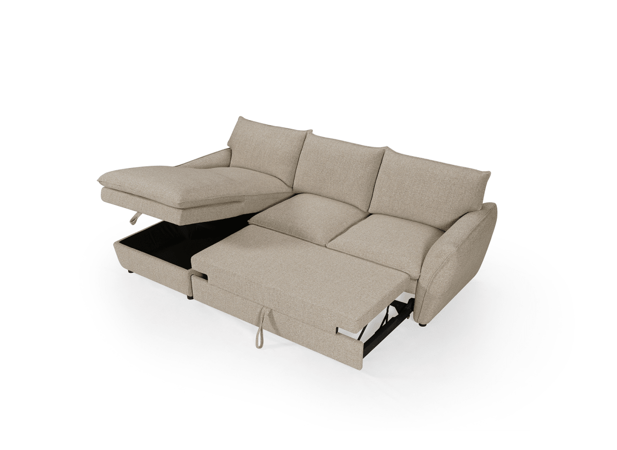 Canapé d'angle convertible avec coffre en tissu taupe CAPUCINE - Angle gauche - DécoInParis