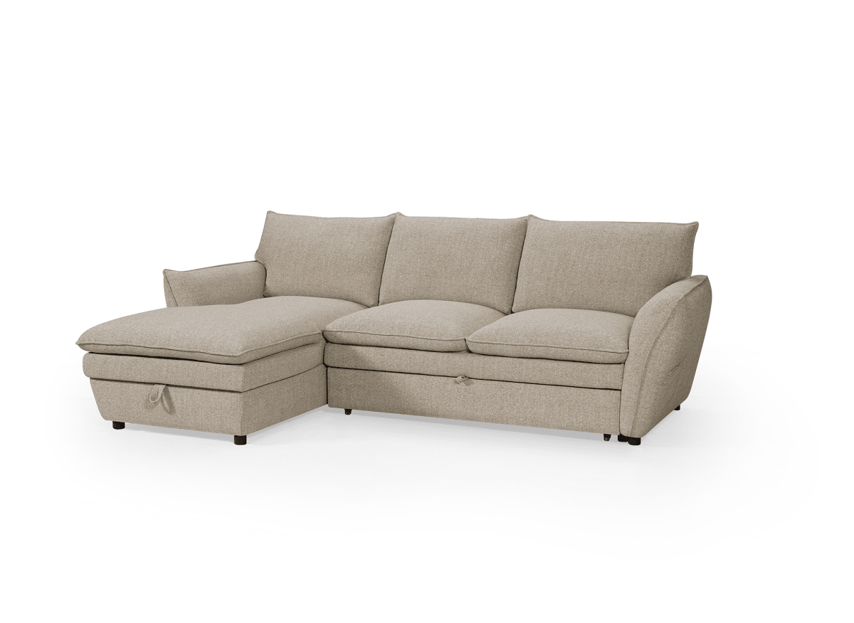 Canapé d'angle convertible avec coffre en tissu taupe CAPUCINE - Angle gauche - DécoInParis