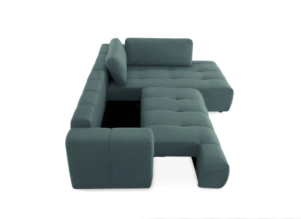Canapé d'angle convertible avec coffre en tissu vert olive HAVEN - Angle droit - DécoInParis