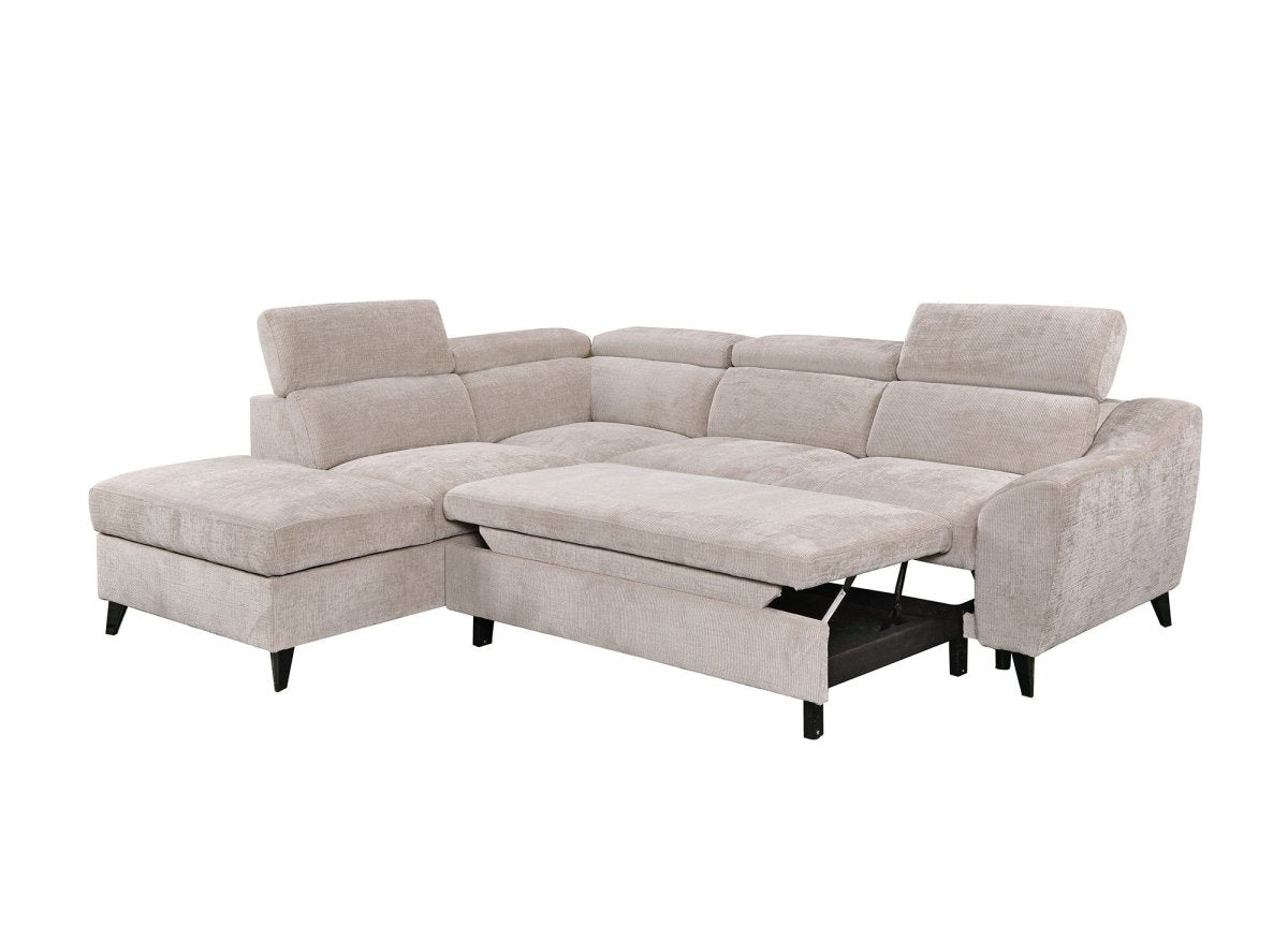 Canapé d'angle convertible avec coffre en velours chiné beige DALTON - Angle gauche - DécoInParis