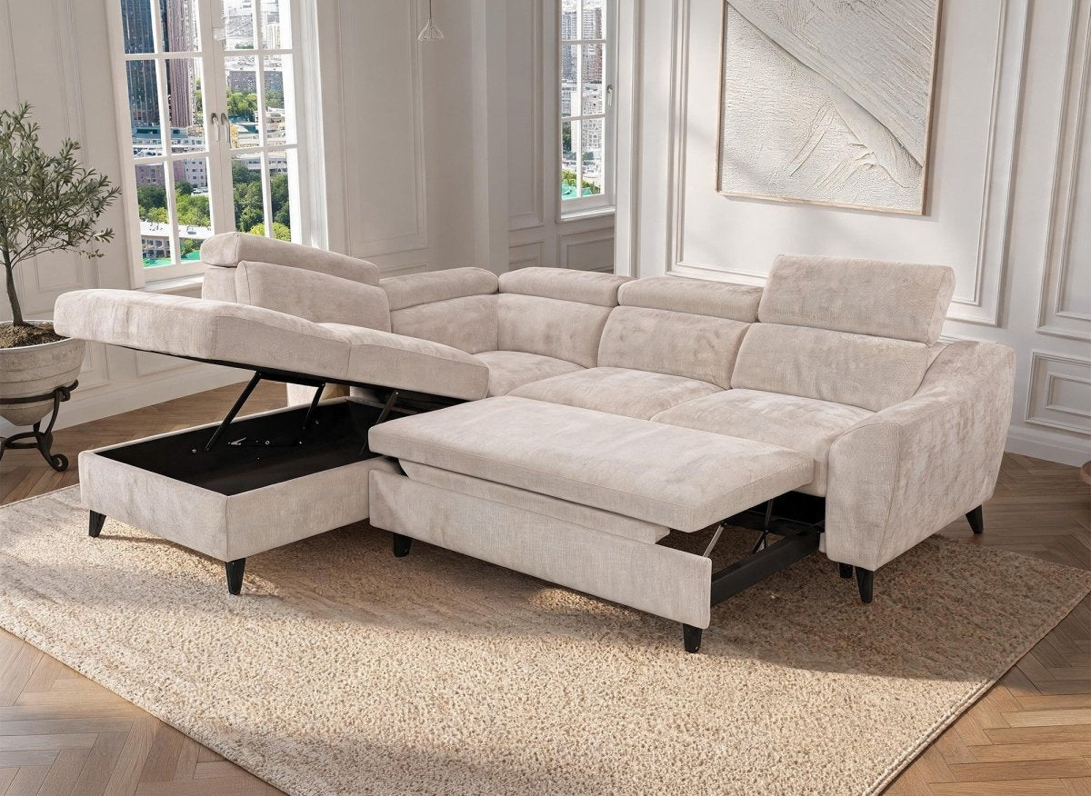 Canapé d'angle convertible avec coffre en velours chiné beige DALTON - Angle gauche - DécoInParis