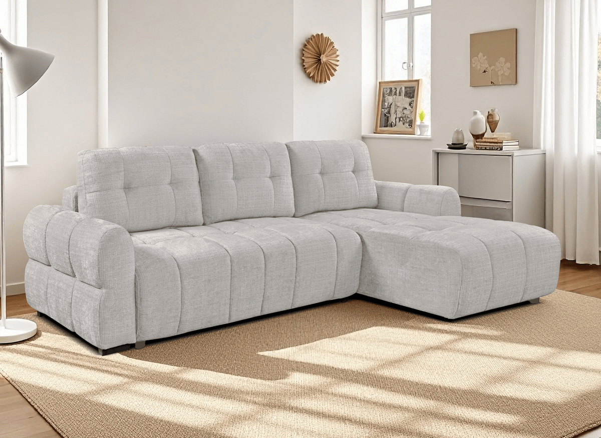 Canapé d'angle convertible avec coffre en velours chiné beige MAHLONE - Angle droit - DécoInParis